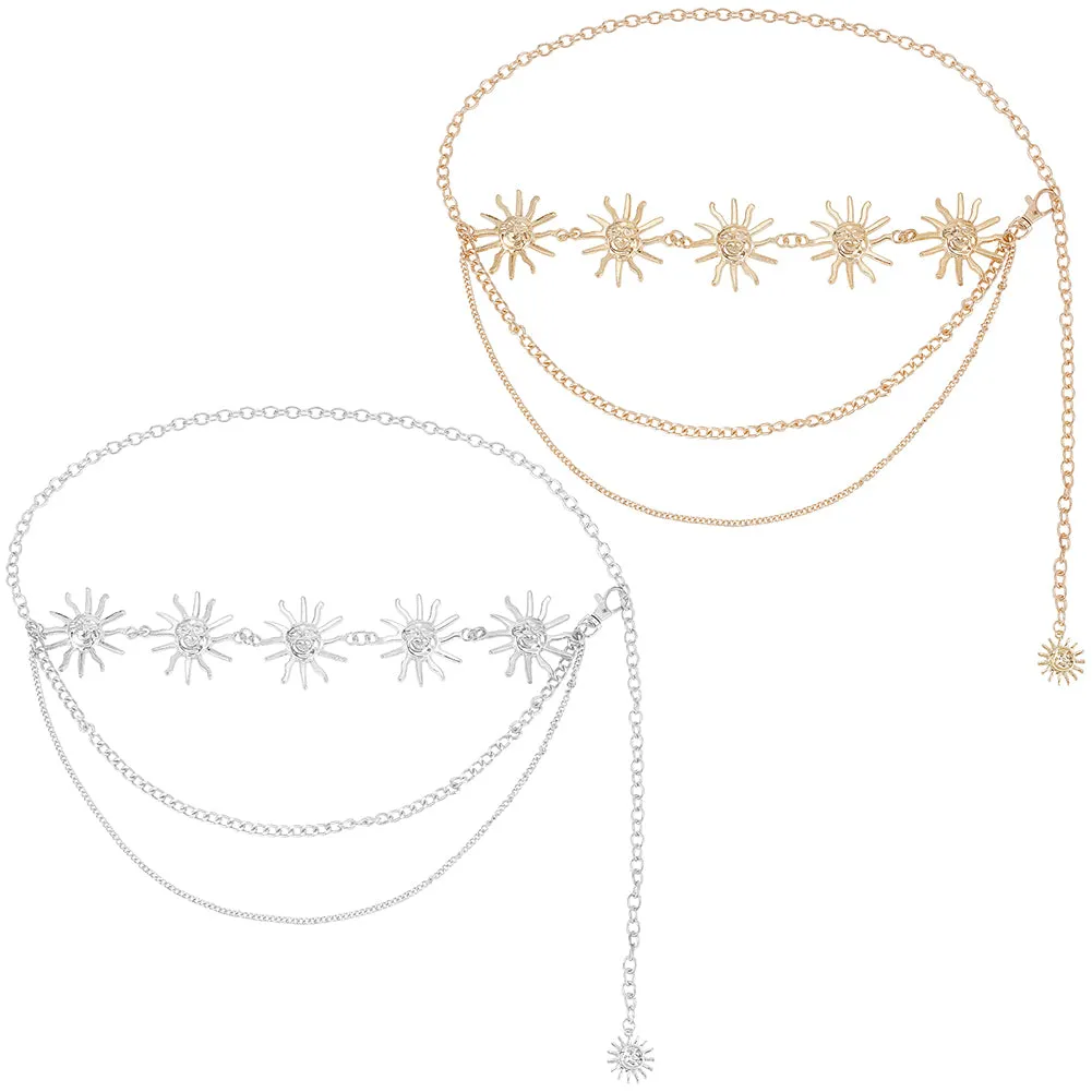 2Pcs 2 Colors Alloy & Iron Sun Link Chain Belts, Triple Layer Waist Chains for Shirt Skirt Dresses Overcoat, Platinum & Golden, 41-3/8 inch(105cm), 1pc/color