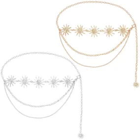2Pcs 2 Colors Alloy & Iron Sun Link Chain Belts, Triple Layer Waist Chains for Shirt Skirt Dresses Overcoat, Platinum & Golden, 41-3/8 inch(105cm), 1pc/color