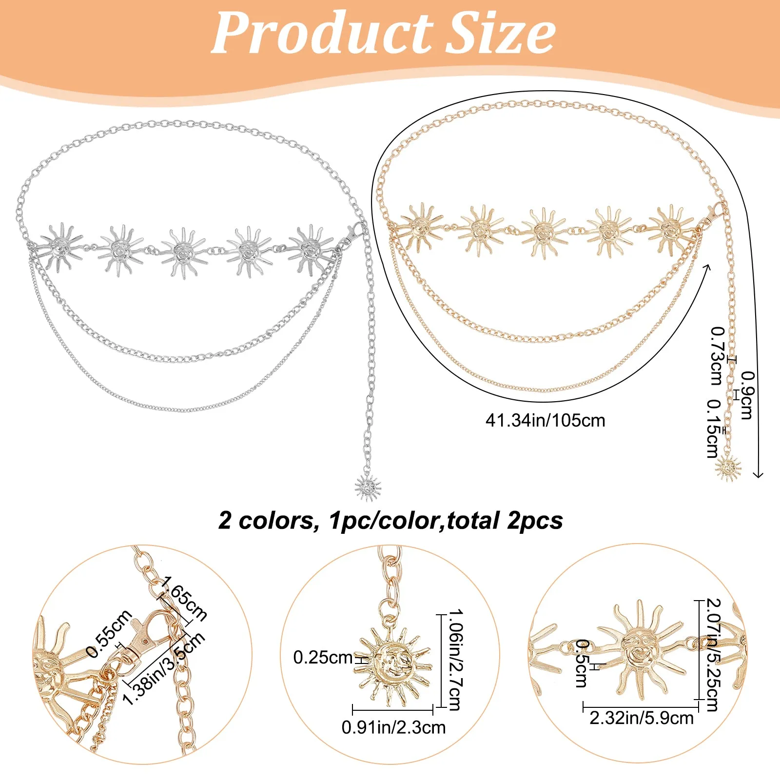 2Pcs 2 Colors Alloy & Iron Sun Link Chain Belts, Triple Layer Waist Chains for Shirt Skirt Dresses Overcoat, Platinum & Golden, 41-3/8 inch(105cm), 1pc/color