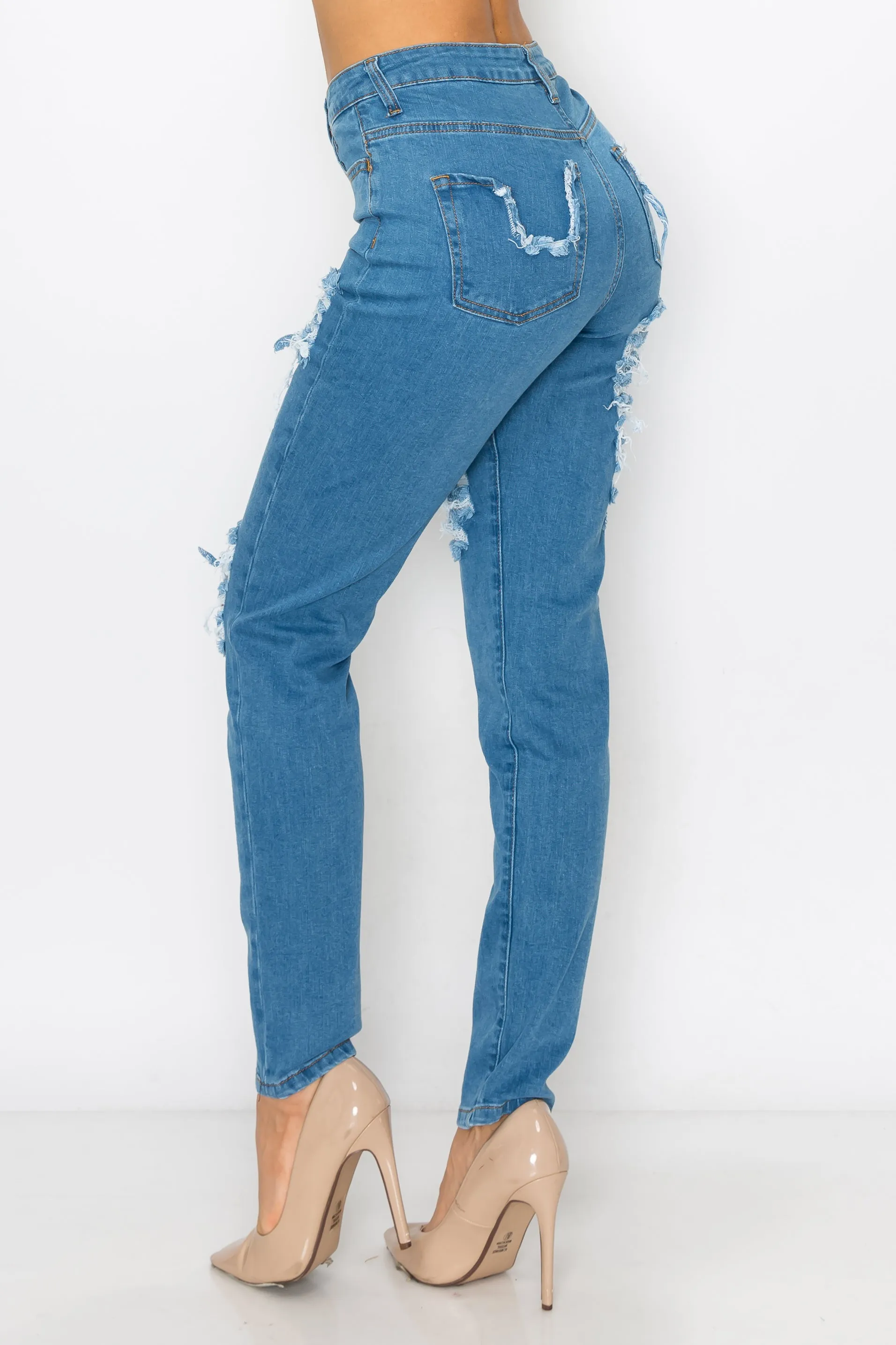 40404 Women's High Rise Straight Leg Jeans W/ Front Panel Destruction & Rear Pocket Destruction