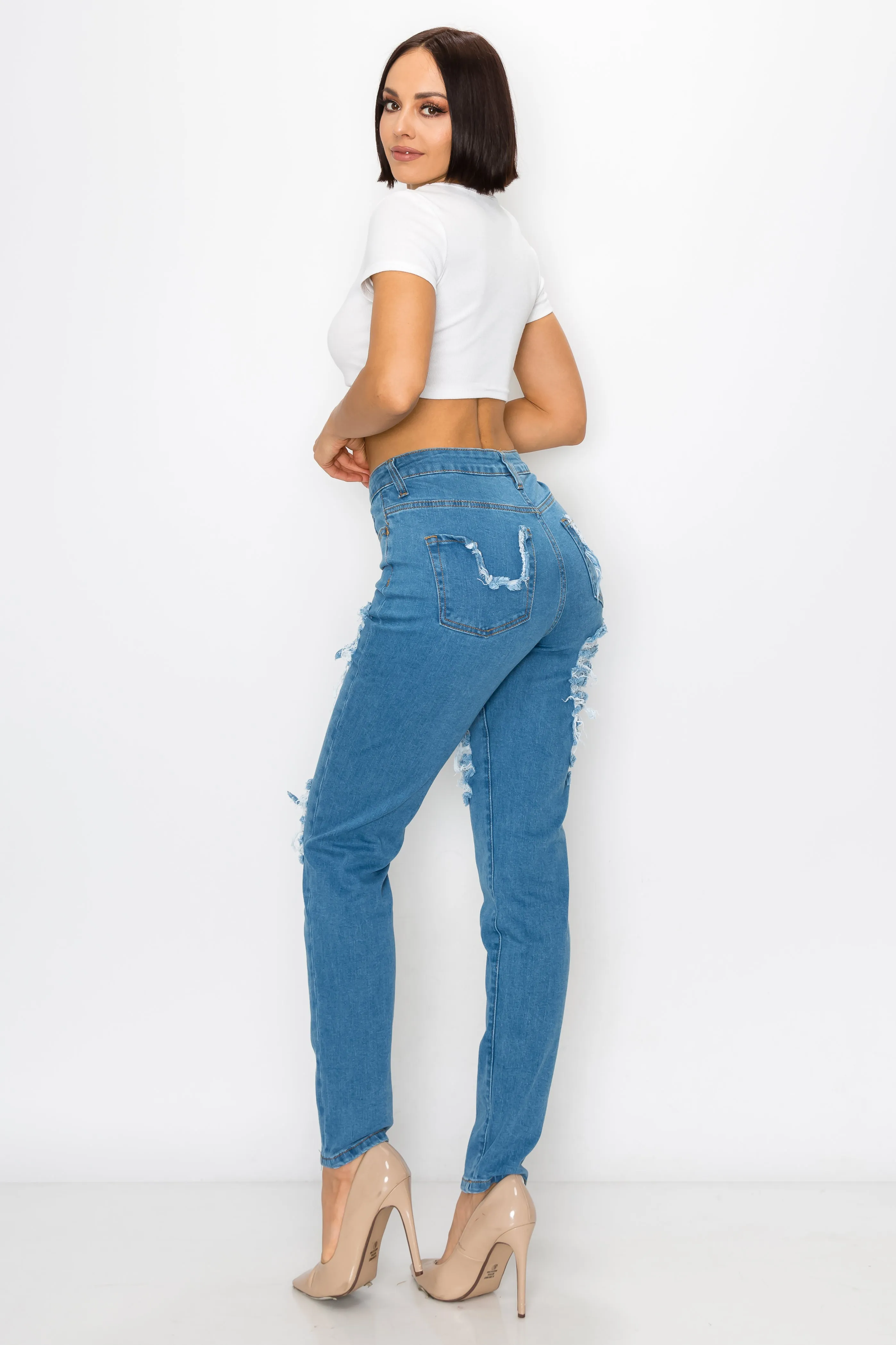 40404 Women's High Rise Straight Leg Jeans W/ Front Panel Destruction & Rear Pocket Destruction