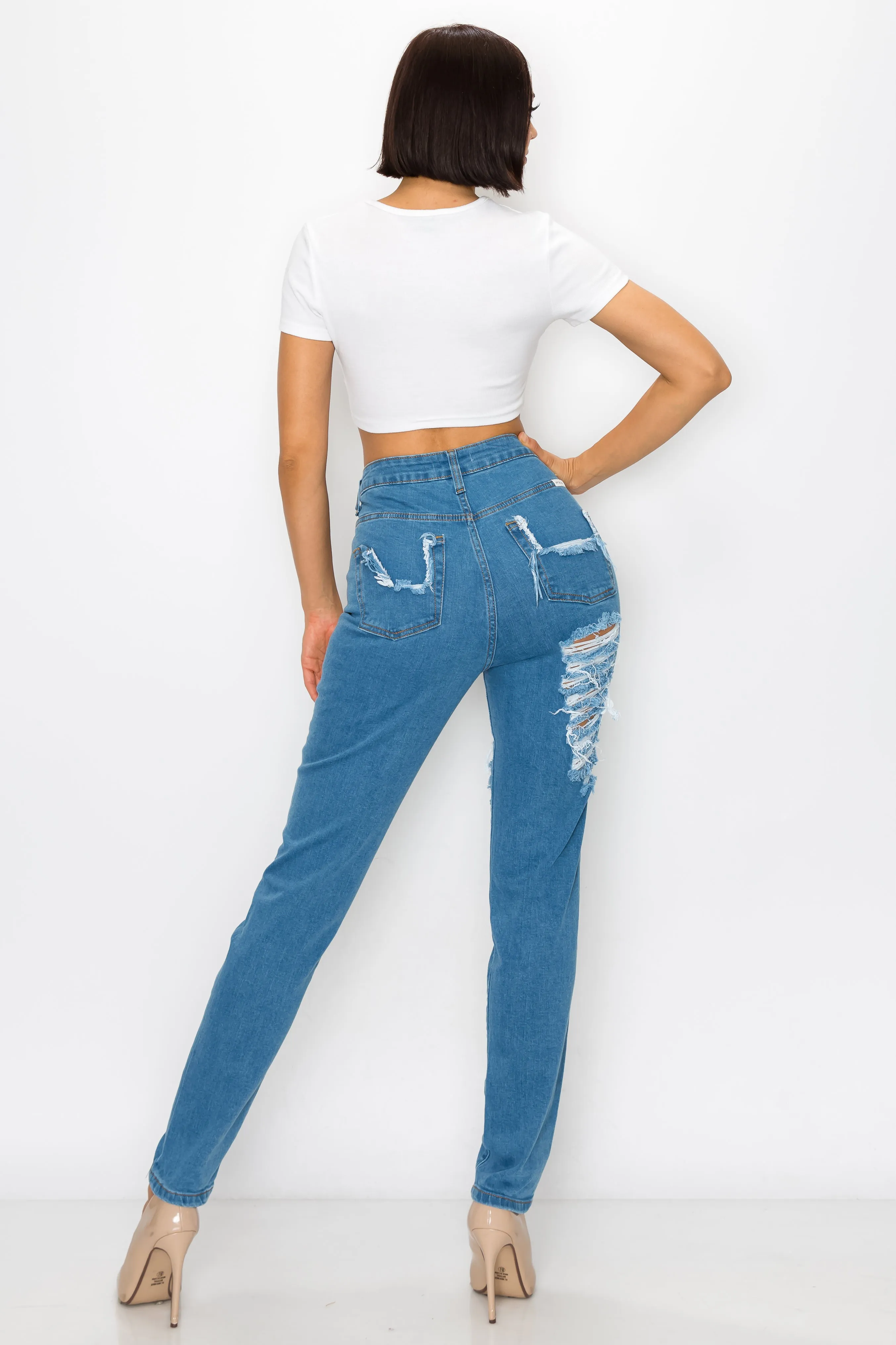 40404 Women's High Rise Straight Leg Jeans W/ Front Panel Destruction & Rear Pocket Destruction