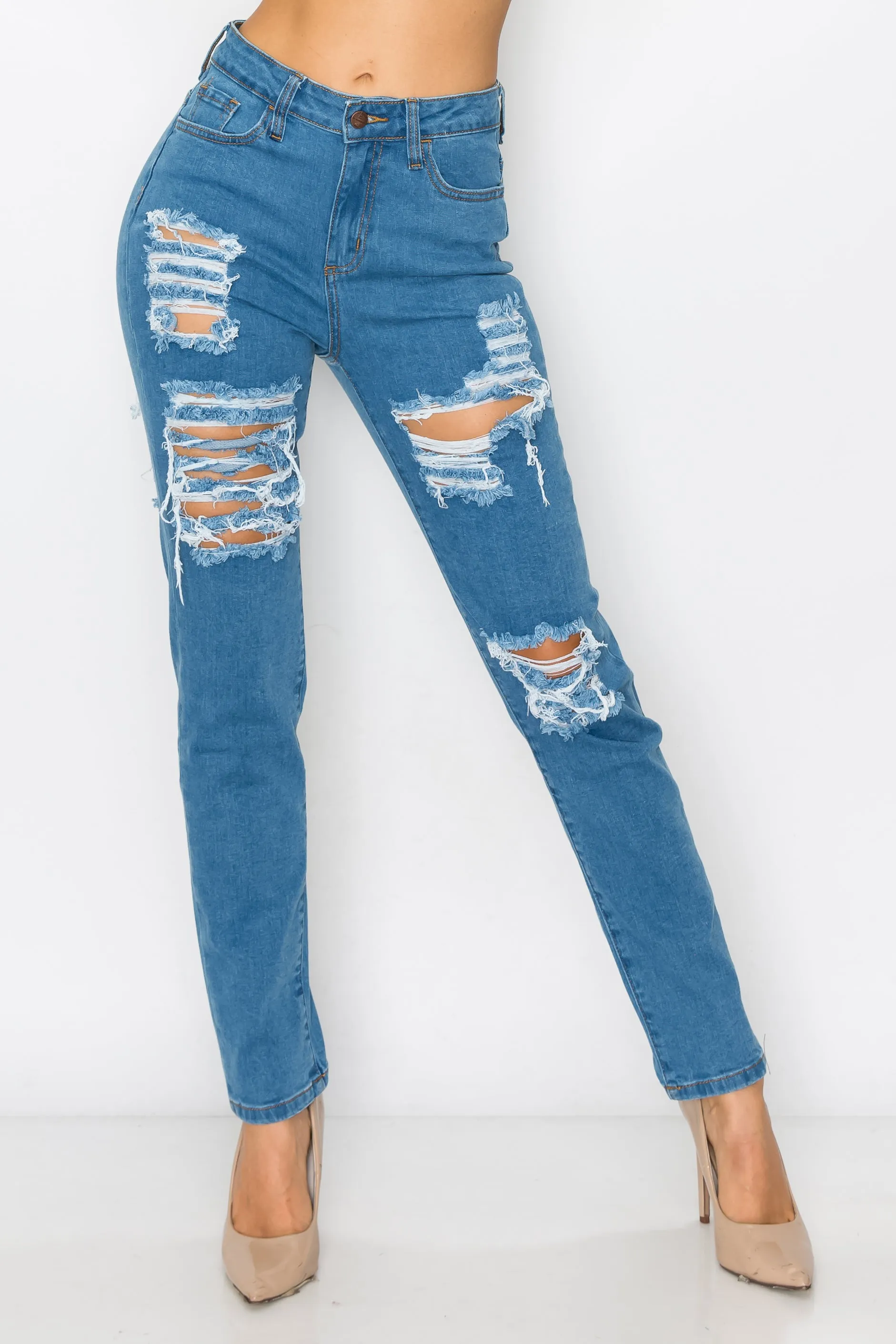40404 Women's High Rise Straight Leg Jeans W/ Front Panel Destruction & Rear Pocket Destruction