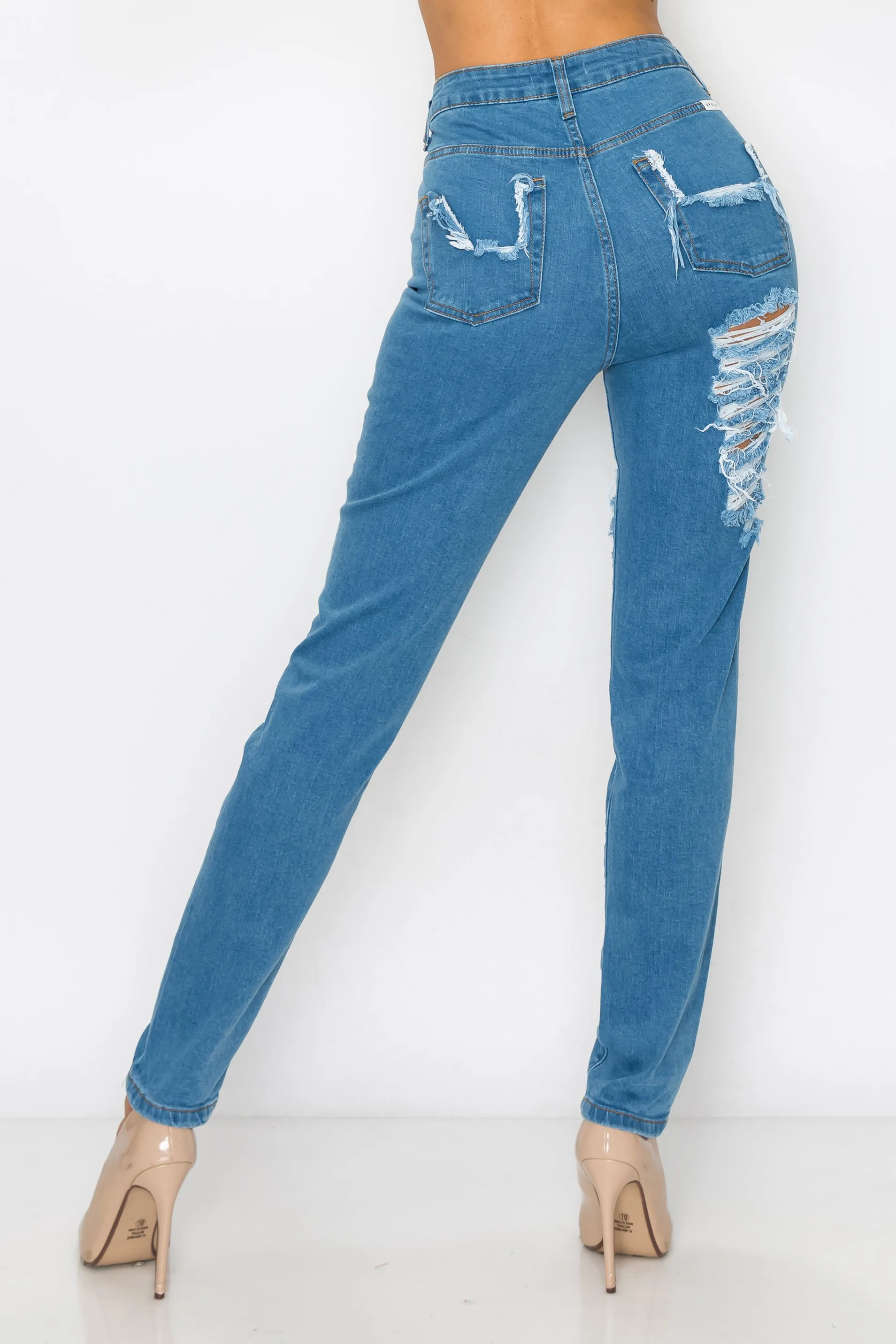 40404 Women's High Rise Straight Leg Jeans W/ Front Panel Destruction & Rear Pocket Destruction