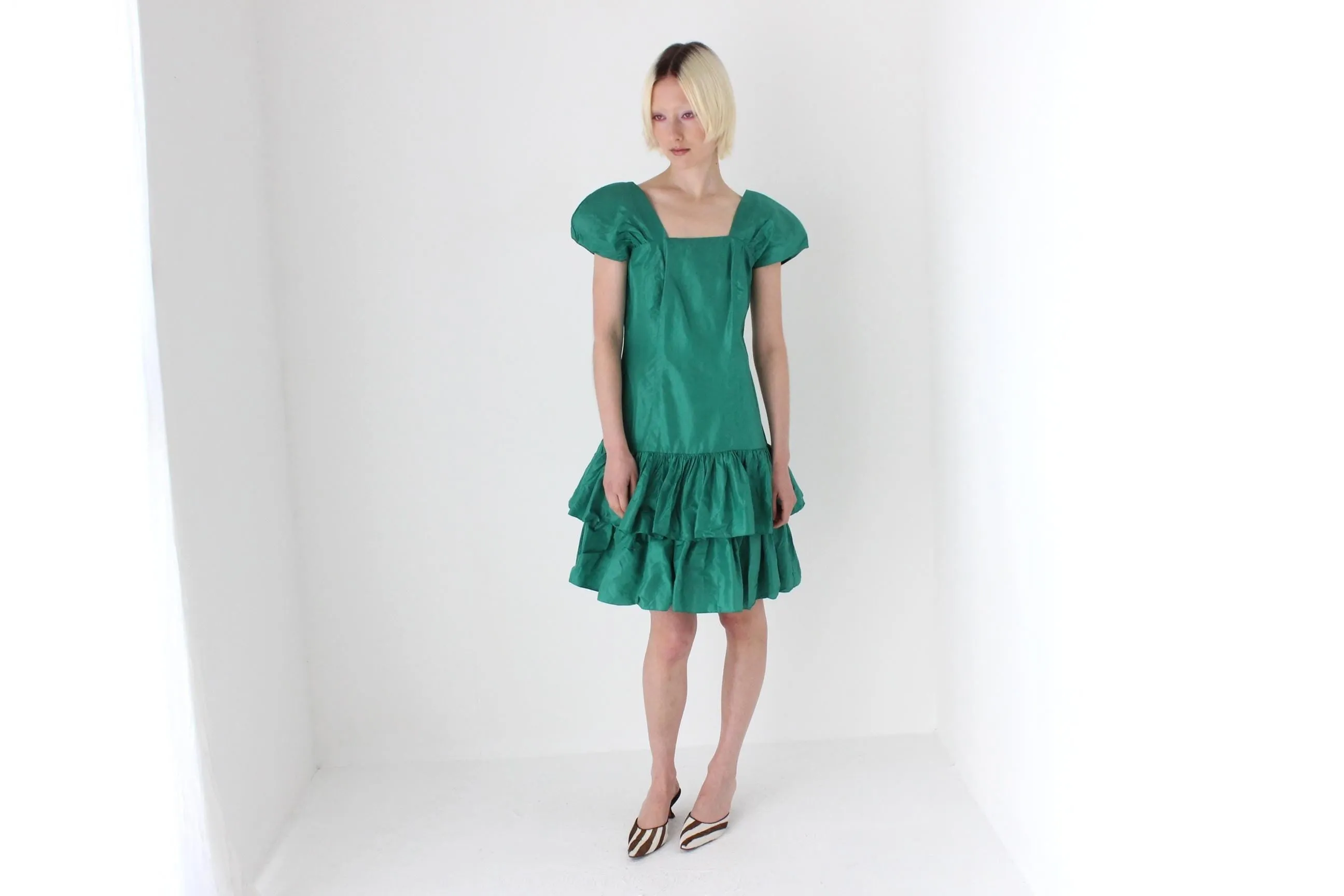 80s Puff & Ruffle Taffeta Drop Waist Cocktail Dress