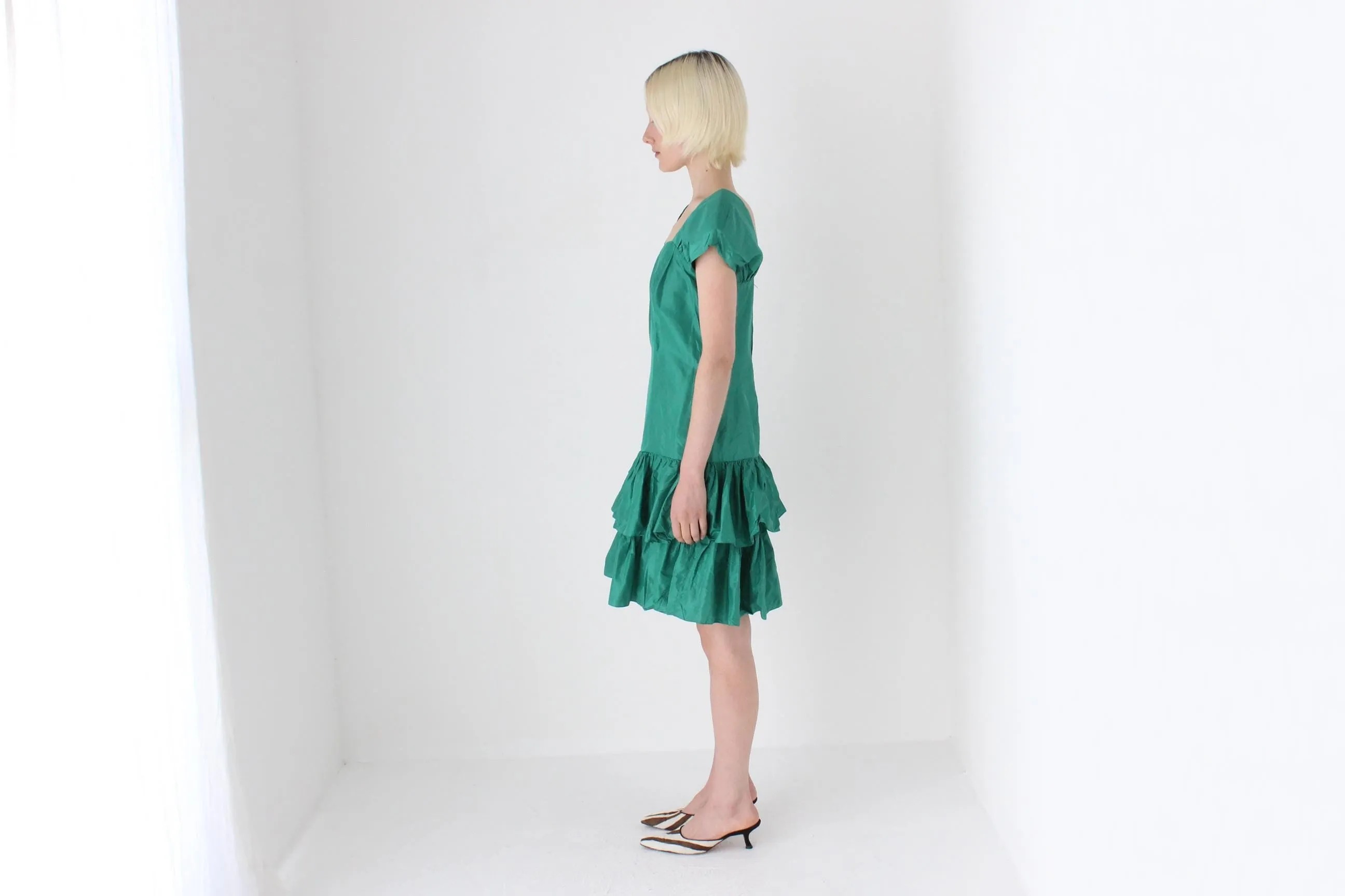 80s Puff & Ruffle Taffeta Drop Waist Cocktail Dress