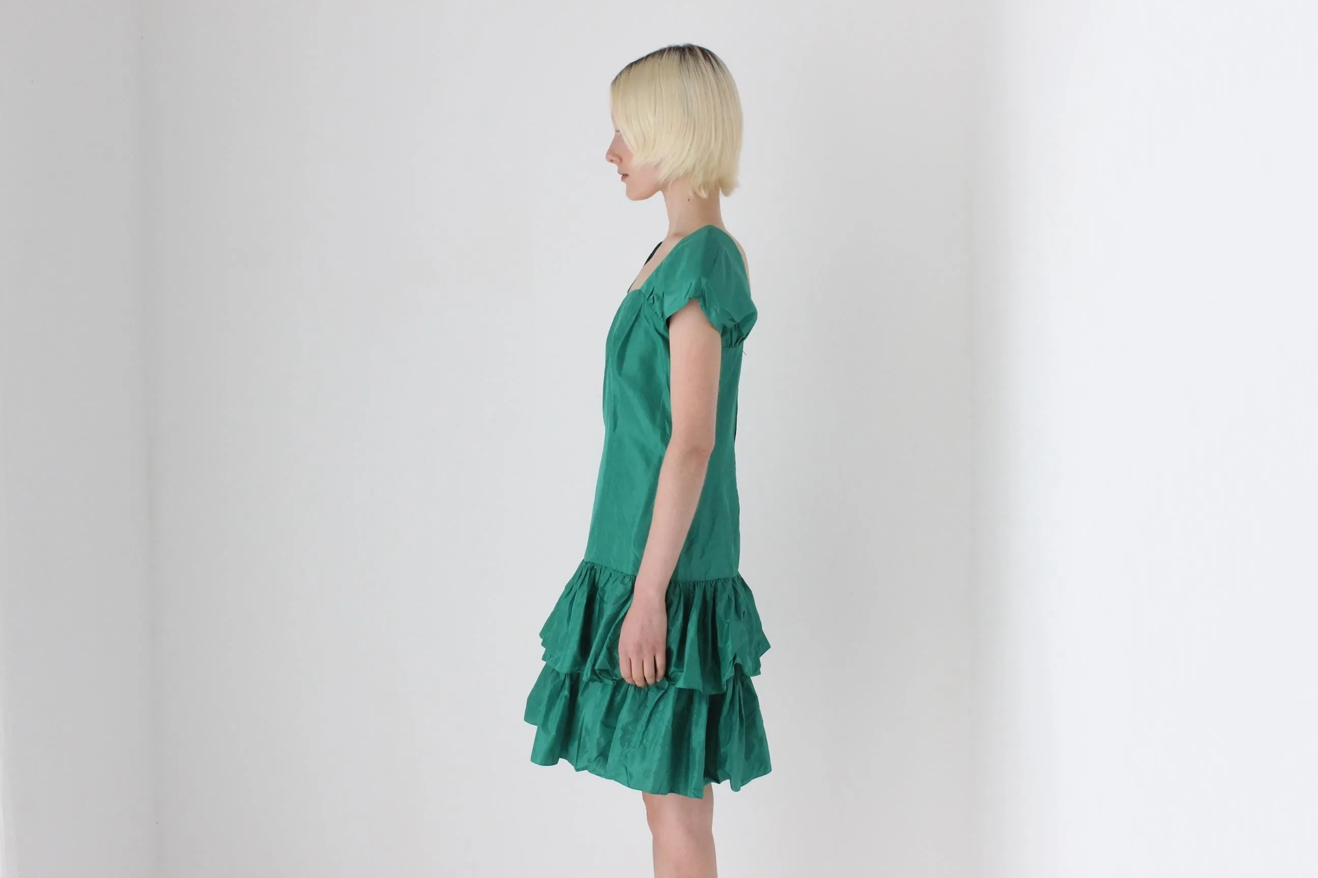 80s Puff & Ruffle Taffeta Drop Waist Cocktail Dress