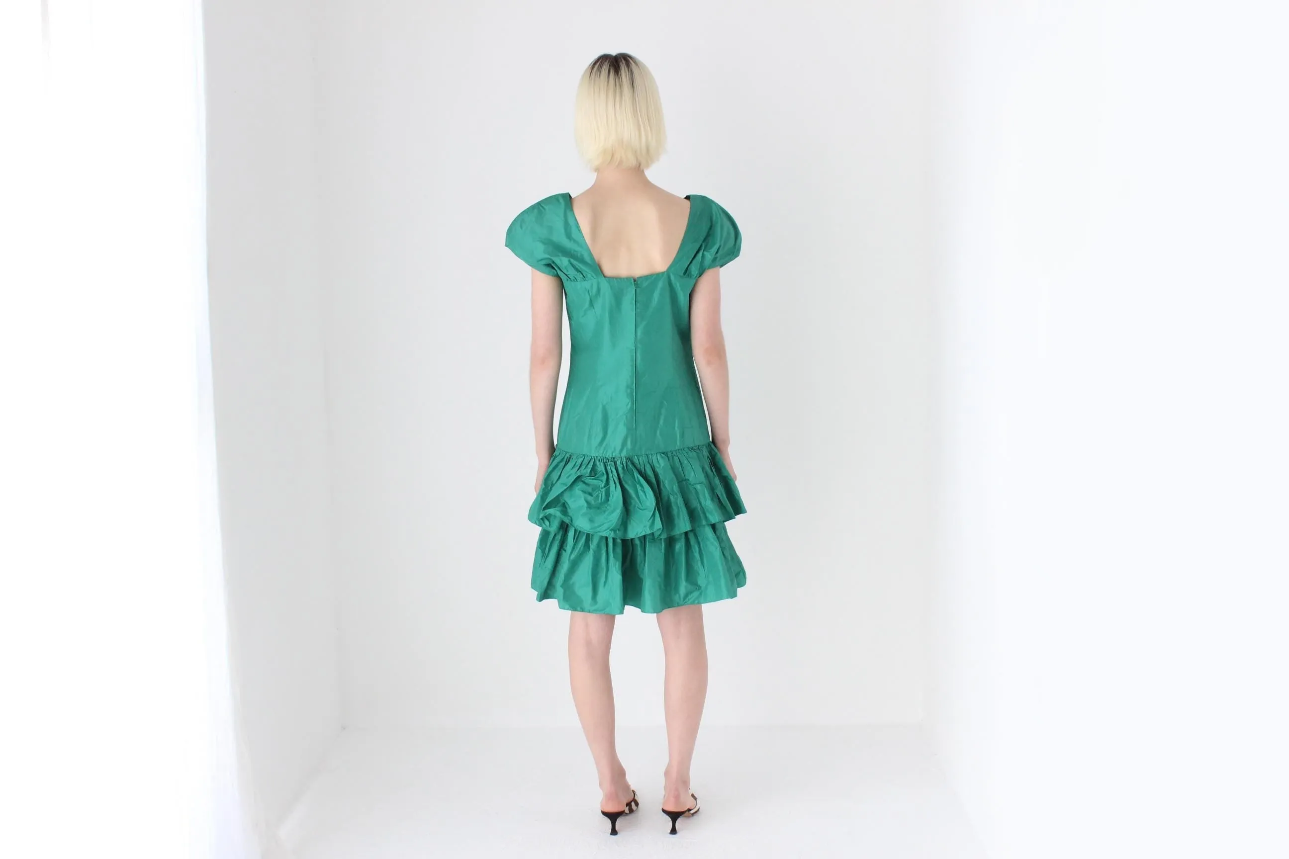 80s Puff & Ruffle Taffeta Drop Waist Cocktail Dress