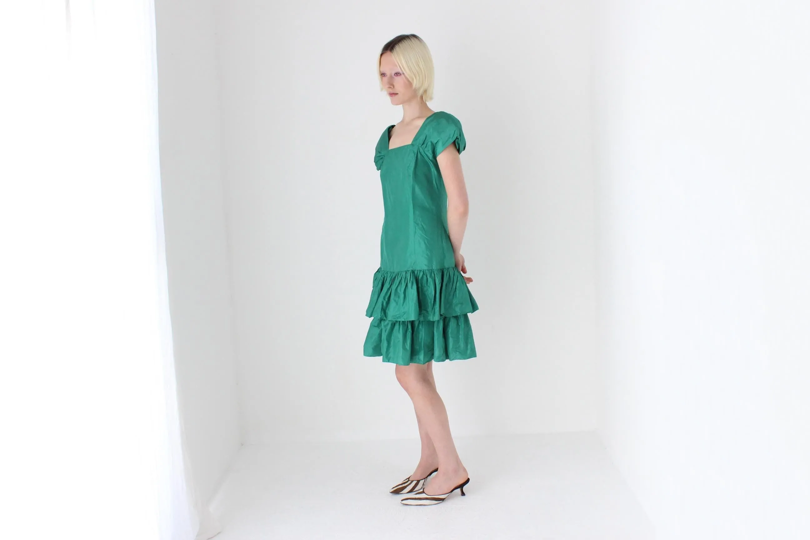 80s Puff & Ruffle Taffeta Drop Waist Cocktail Dress
