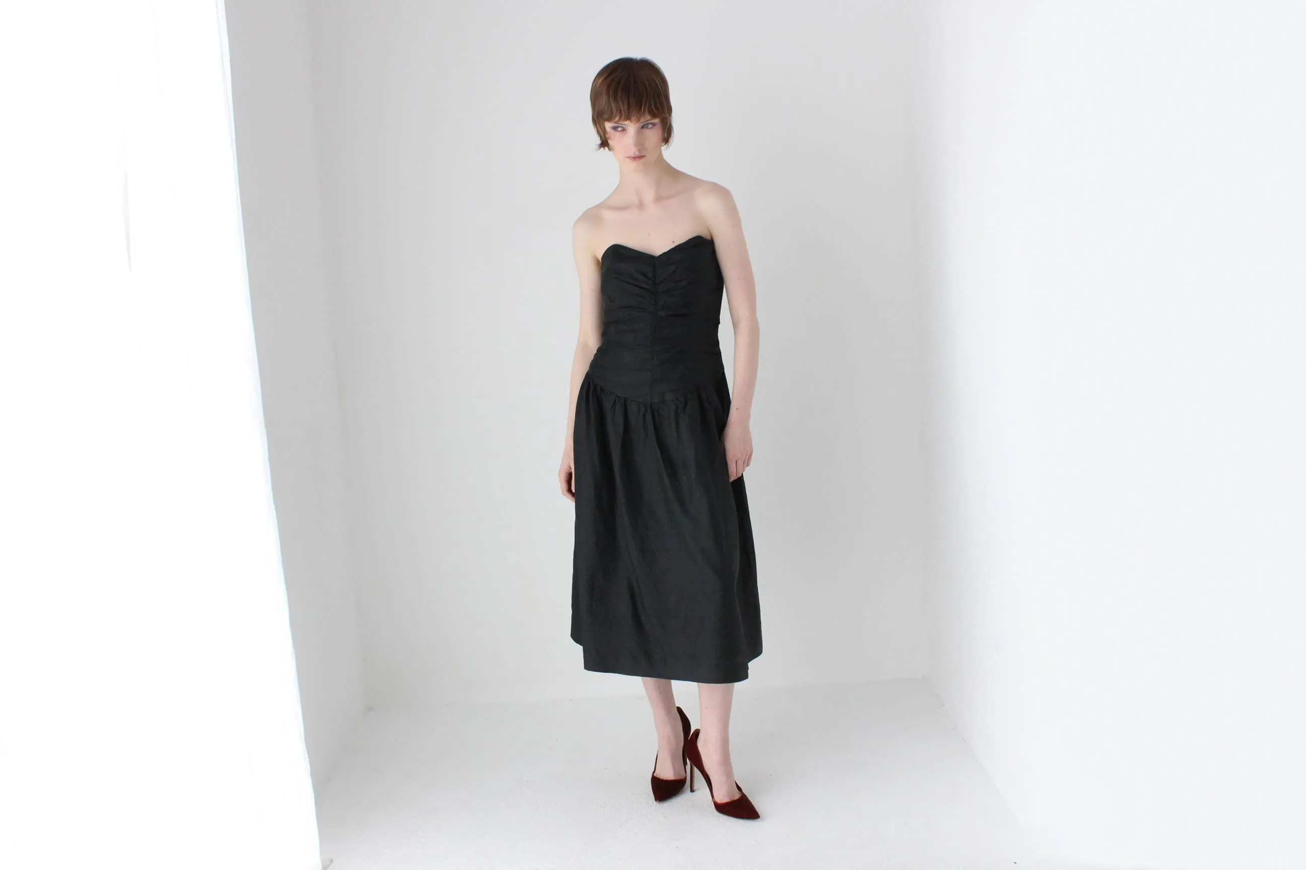 80s Thai Silk Gathered Texture Strapless Dress