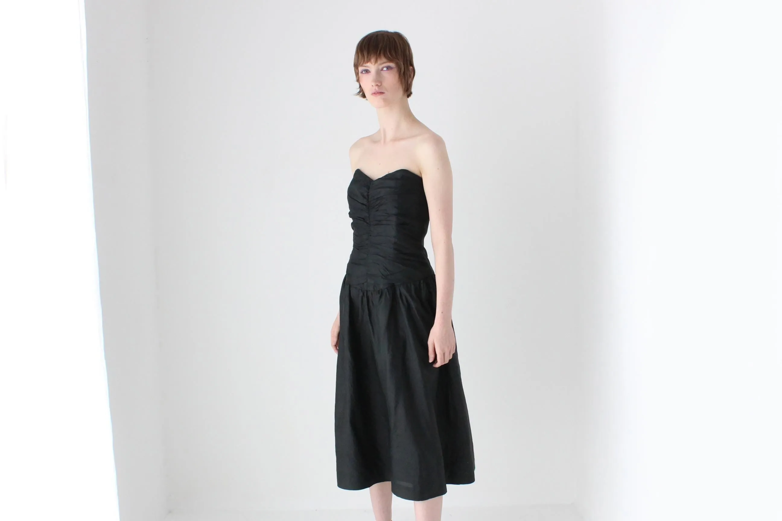 80s Thai Silk Gathered Texture Strapless Dress