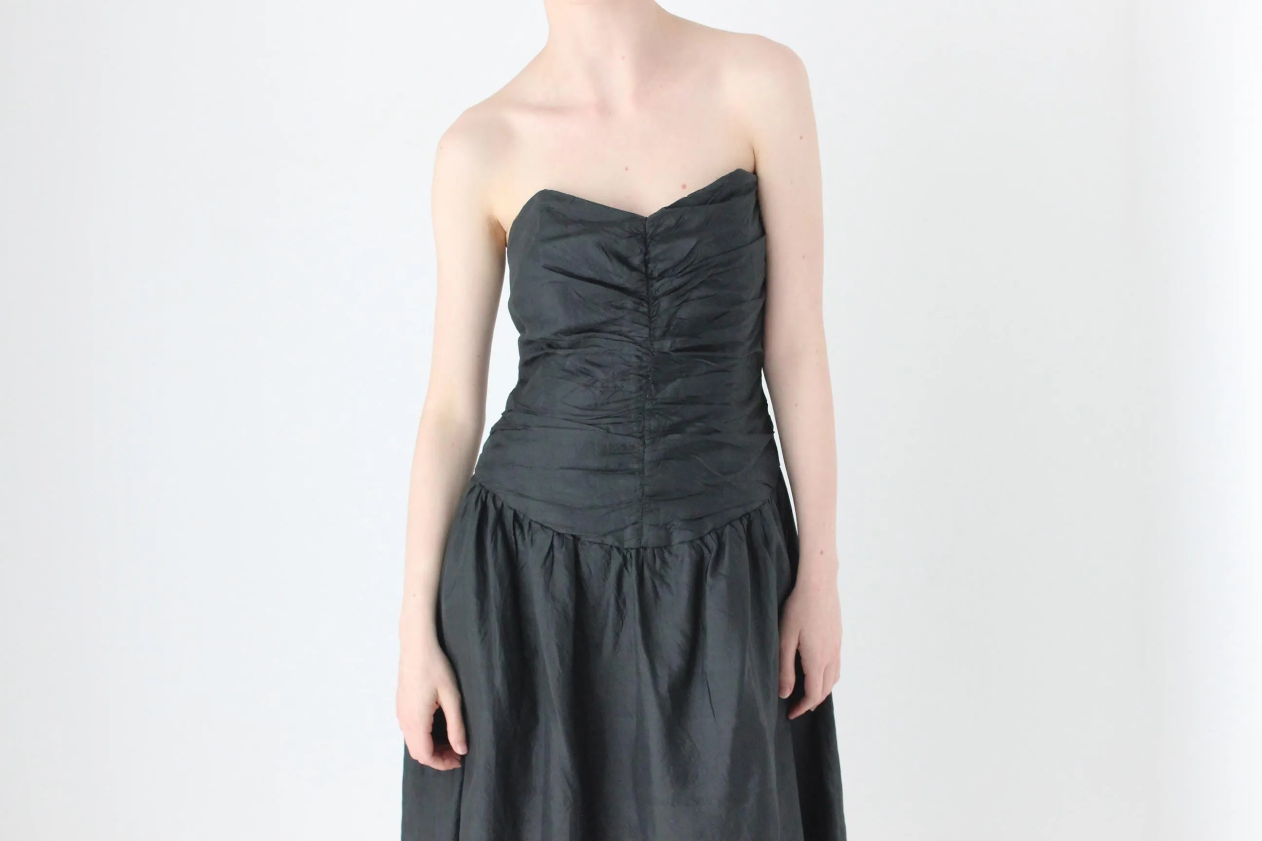 80s Thai Silk Gathered Texture Strapless Dress