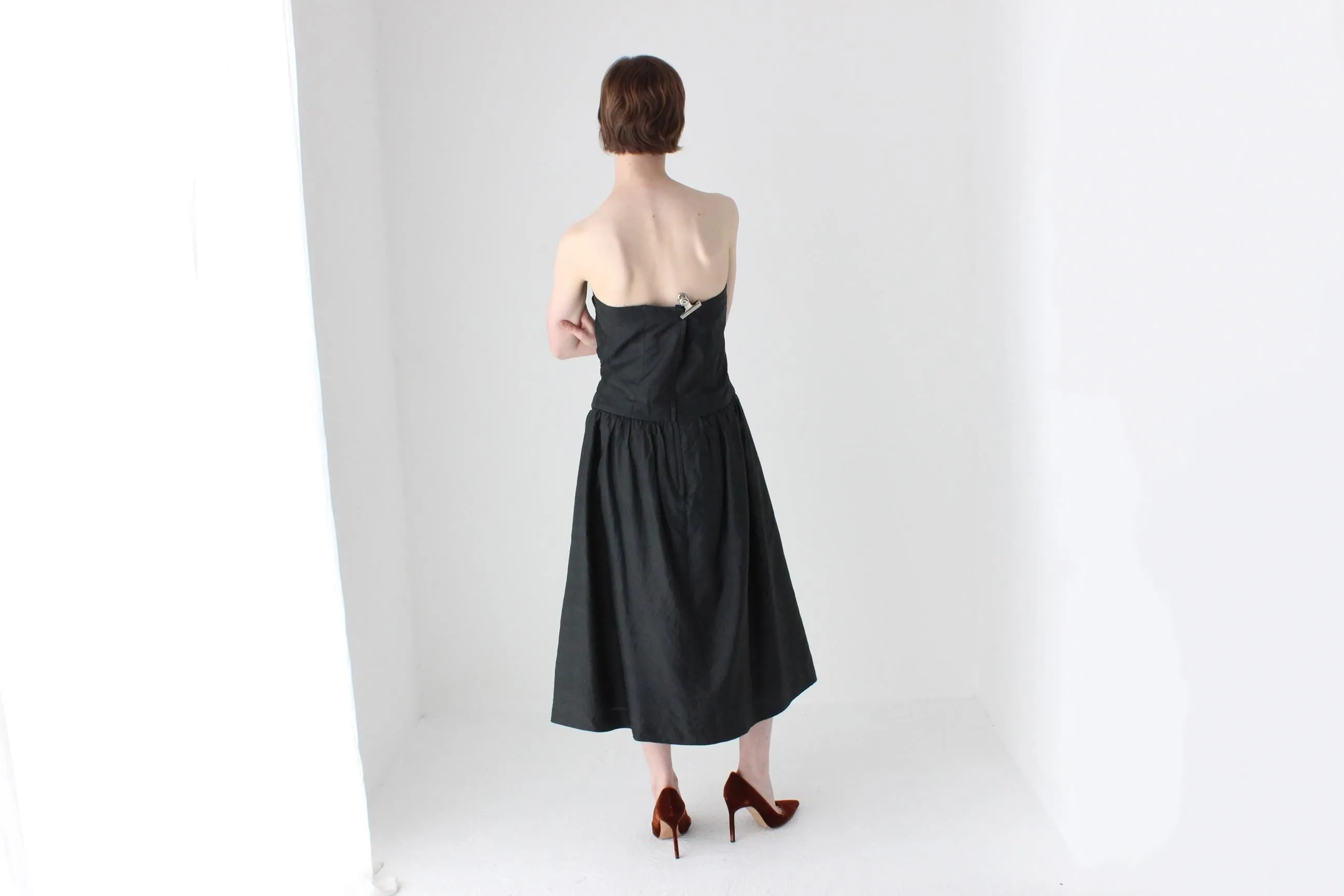 80s Thai Silk Gathered Texture Strapless Dress