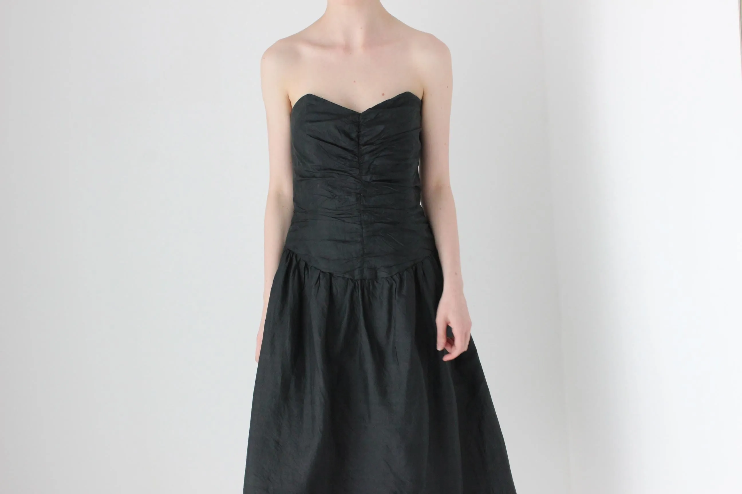 80s Thai Silk Gathered Texture Strapless Dress