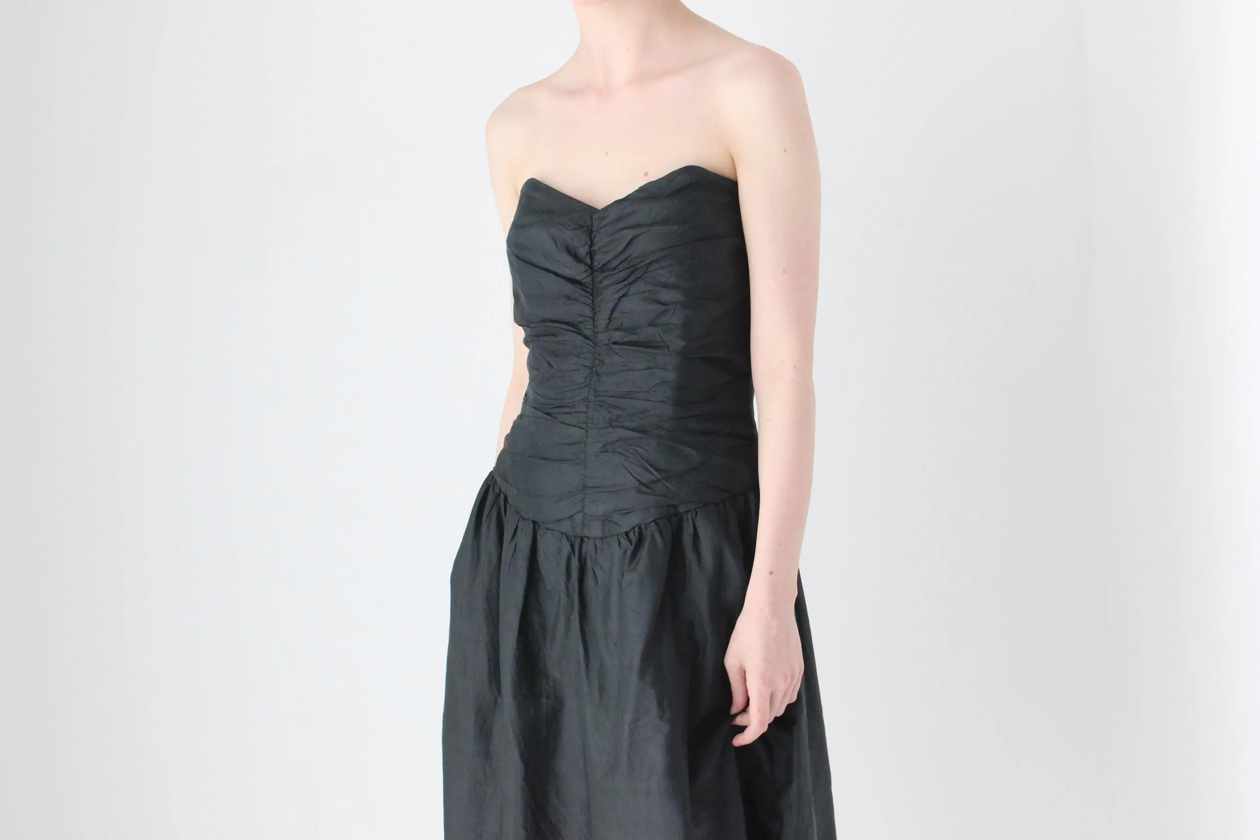80s Thai Silk Gathered Texture Strapless Dress