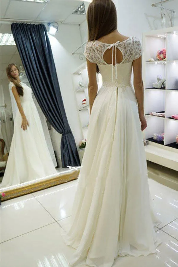 A-line Wedding Dress,Beach Wedding Gown,Sweep Train Cap Sleeves Bridal Dress With Lace,N115