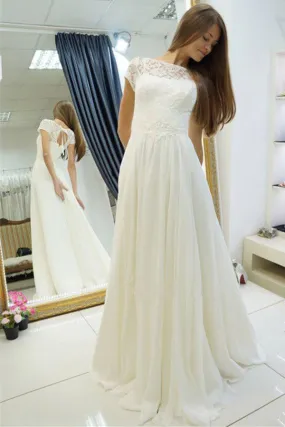 A-line Wedding Dress,Beach Wedding Gown,Sweep Train Cap Sleeves Bridal Dress With Lace,N115
