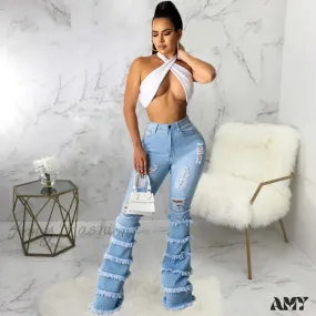 Amy Fashion - Tassel Thousand Layers Flared Design Light Blue Ripped Fashion Wide Leg Ladies Jean