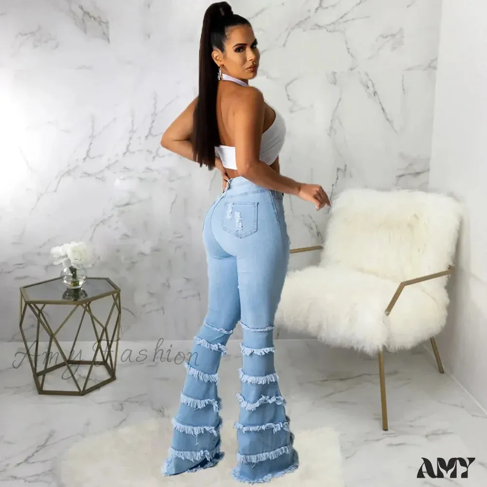 Amy Fashion - Tassel Thousand Layers Flared Design Light Blue Ripped Fashion Wide Leg Ladies Jean