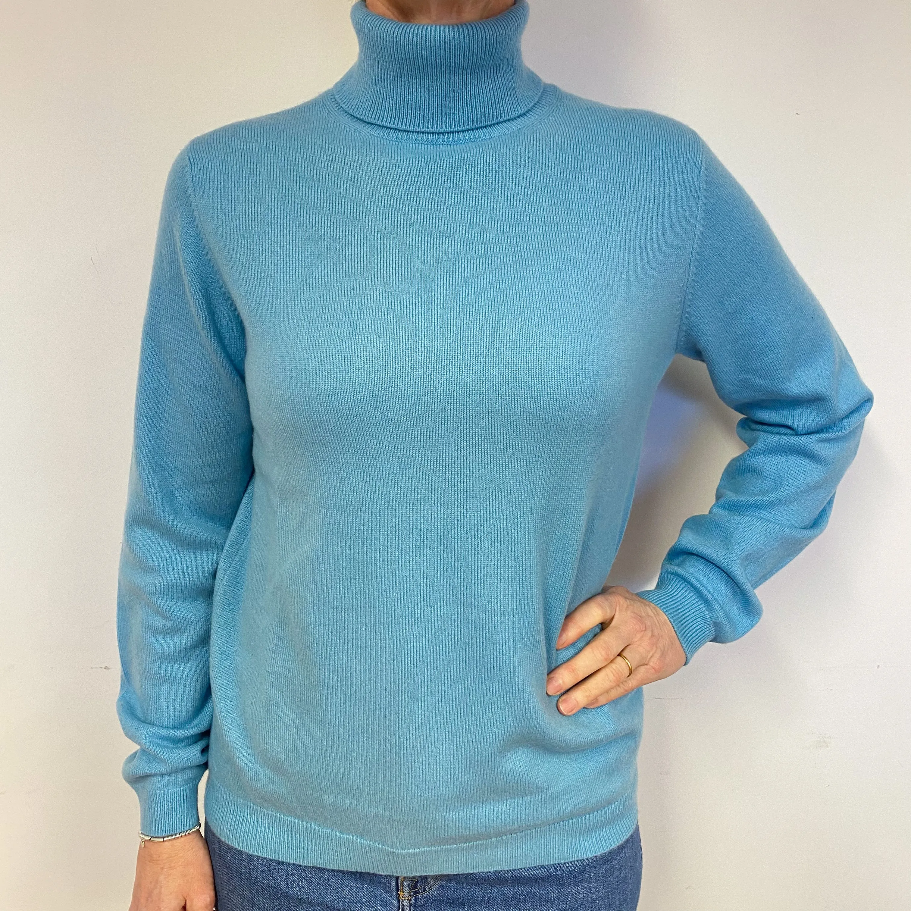 Aqua Blue Cashmere Polo Neck Jumper Medium