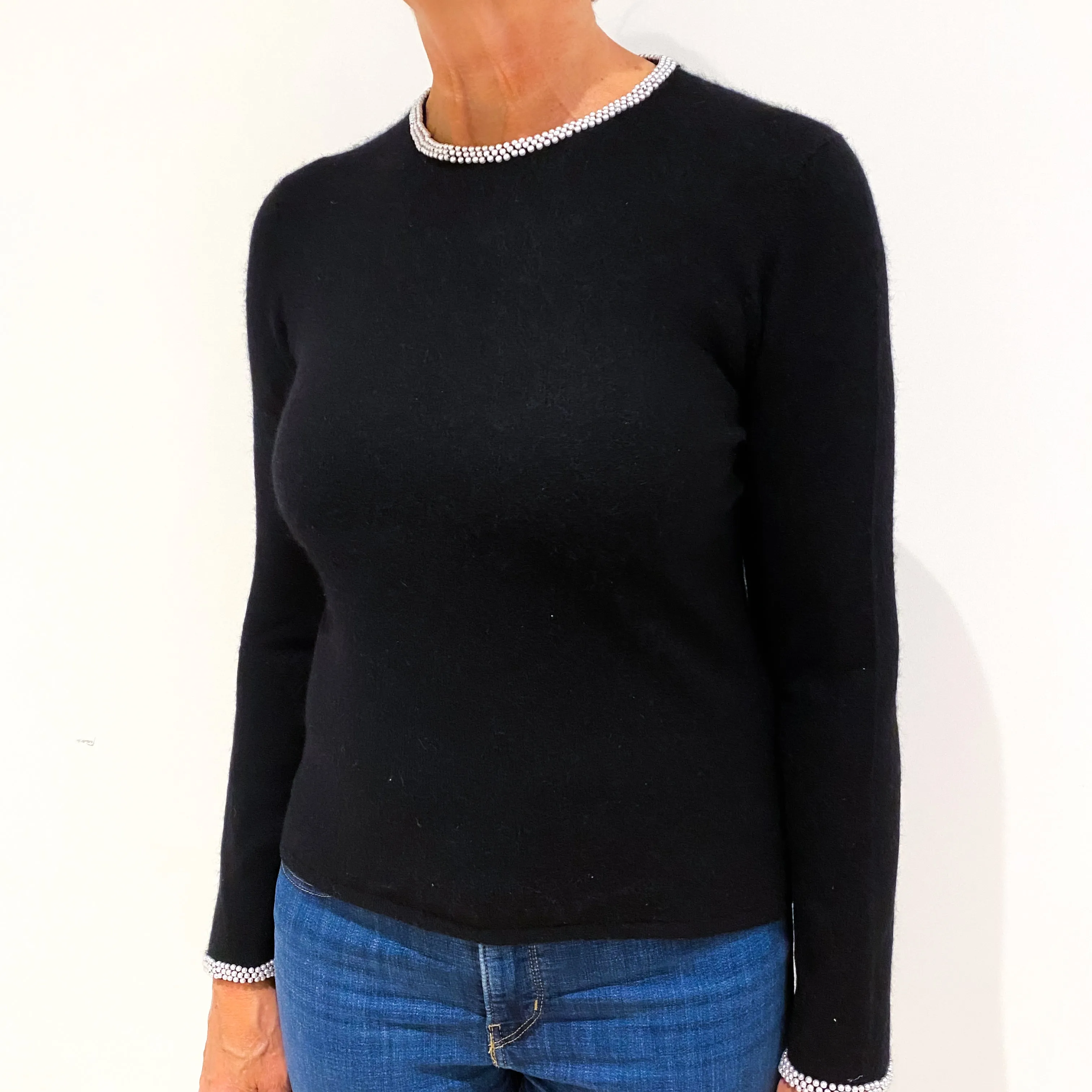 Black Beaded Cashmere Crew Neck Jumper Medium