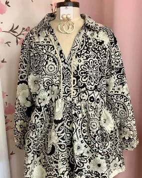 Black Curvy Mixed Print Baby Doll V Collared Top