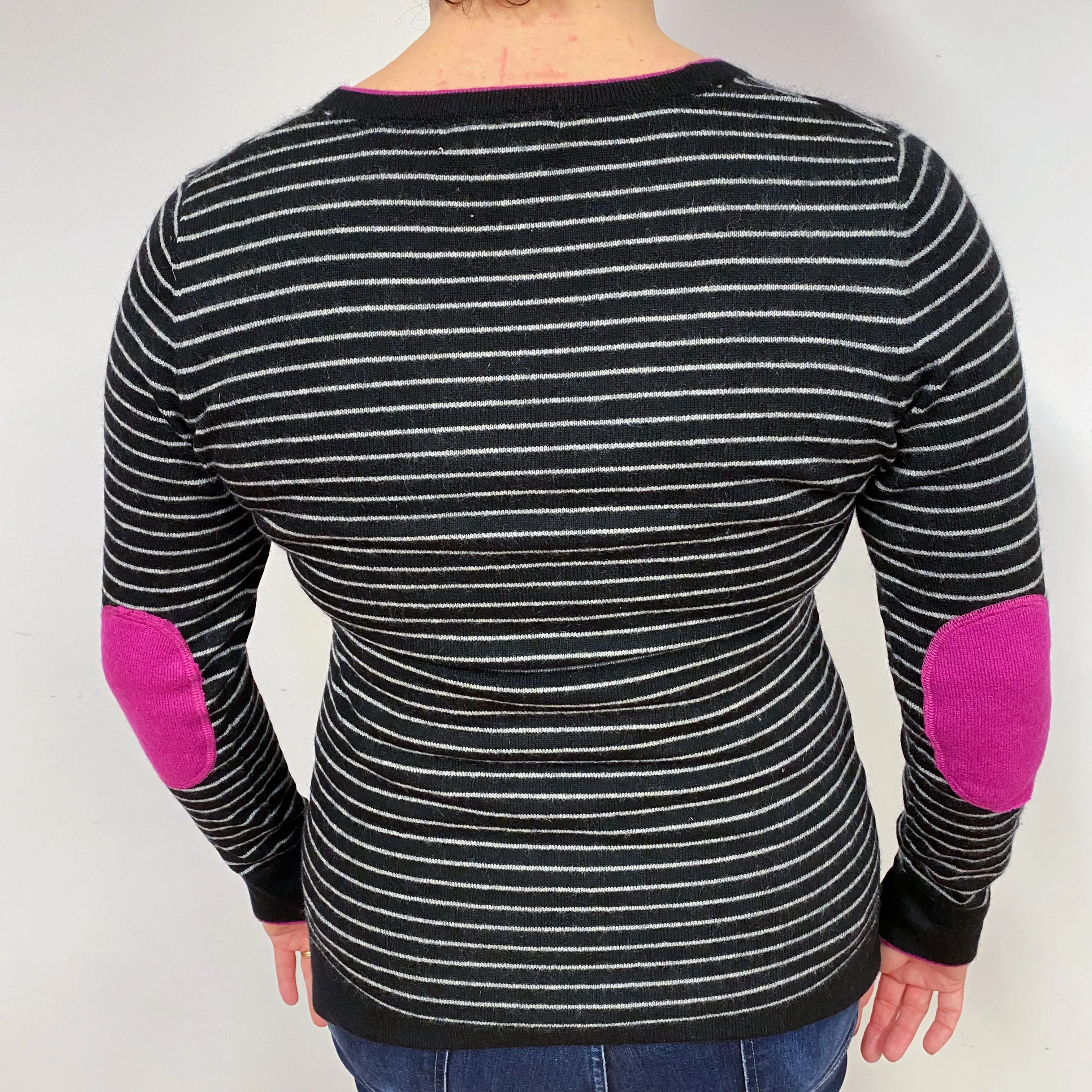 Black Grey Stripe Cashmere V-Neck Cardigan Large