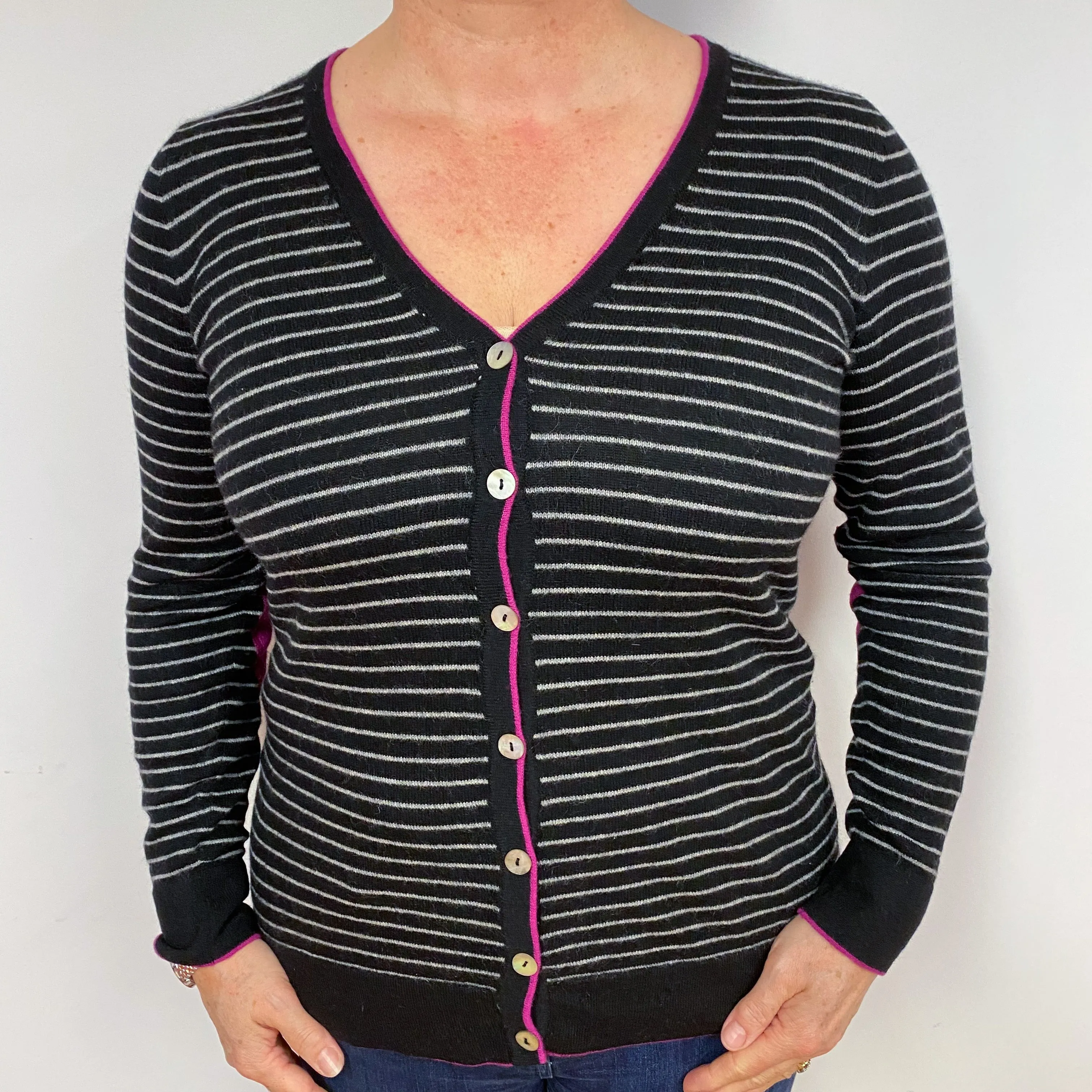 Black Grey Stripe Cashmere V-Neck Cardigan Large