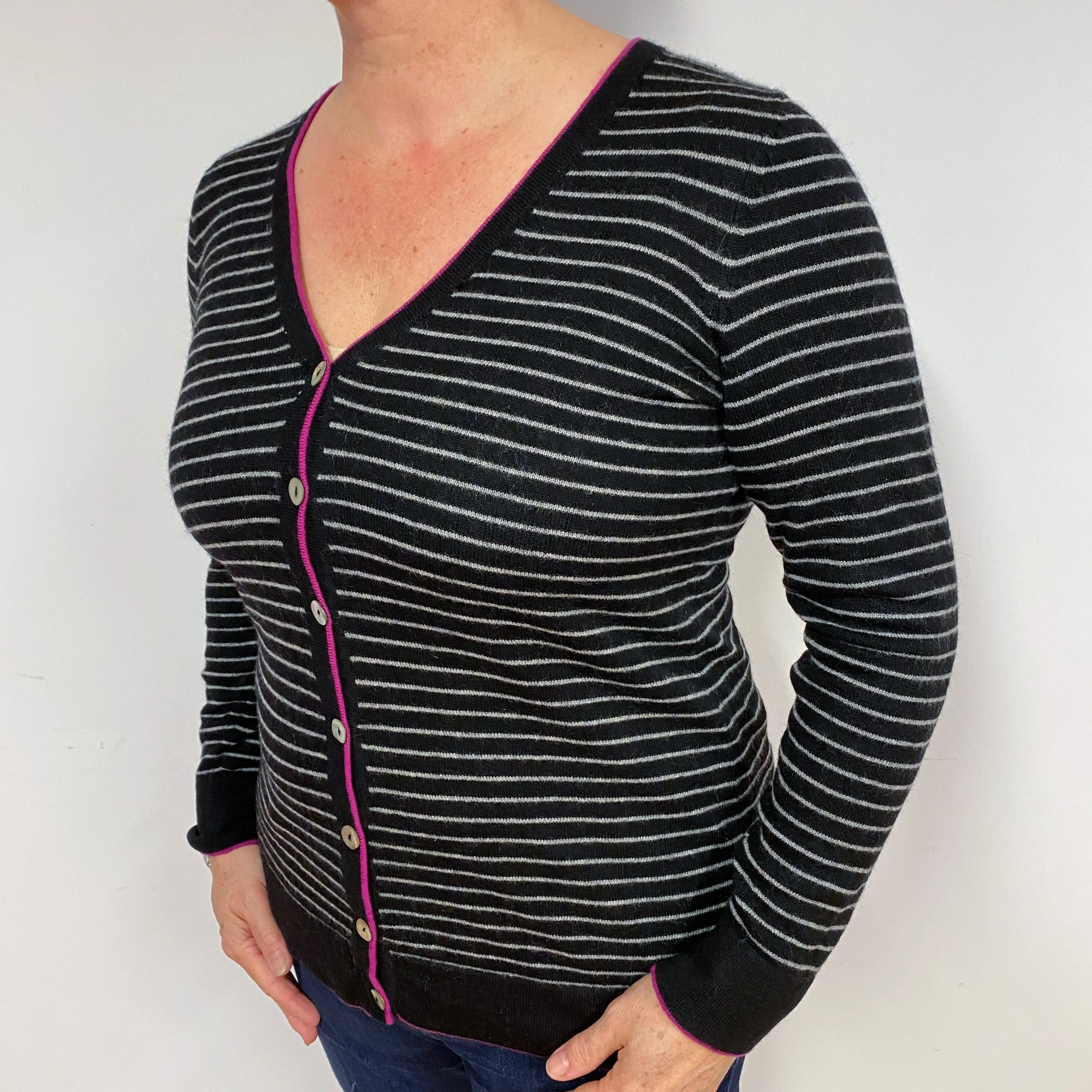 Black Grey Stripe Cashmere V-Neck Cardigan Large