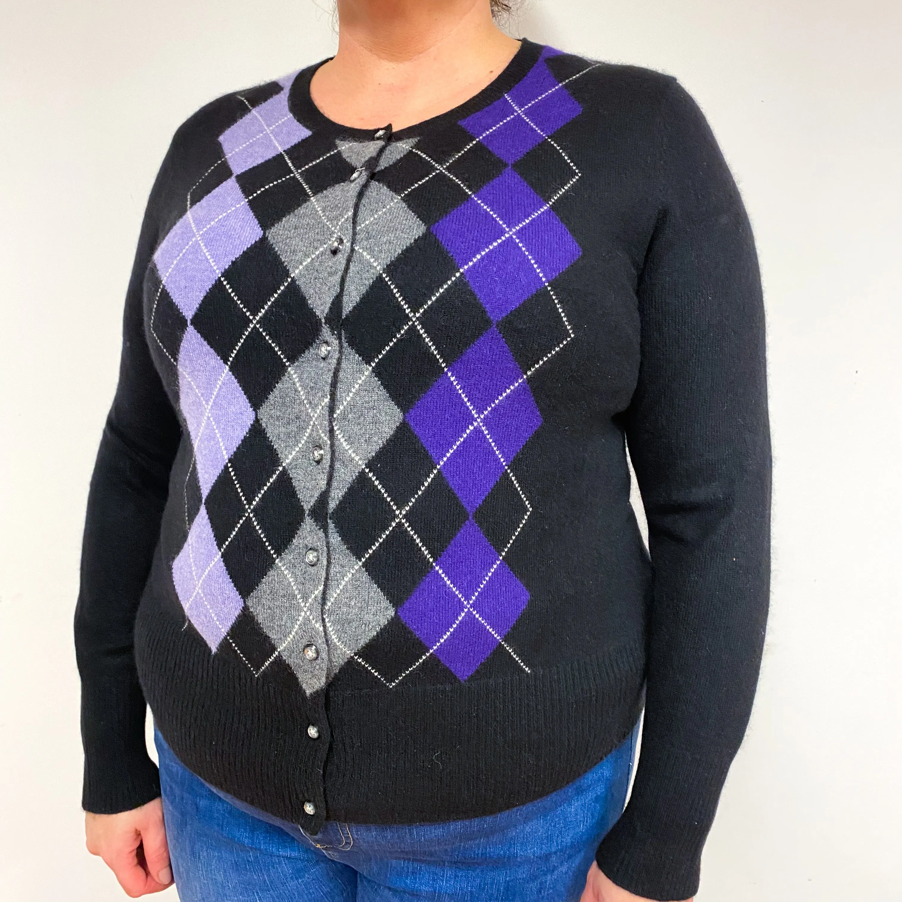 Black Purple Argyle Cashmere Crew Neck Cardigan Extra Large