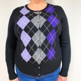 Black Purple Argyle Cashmere Crew Neck Cardigan Extra Large
