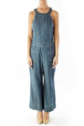 Blue Cropped Pocketed Wide-Leg Overall