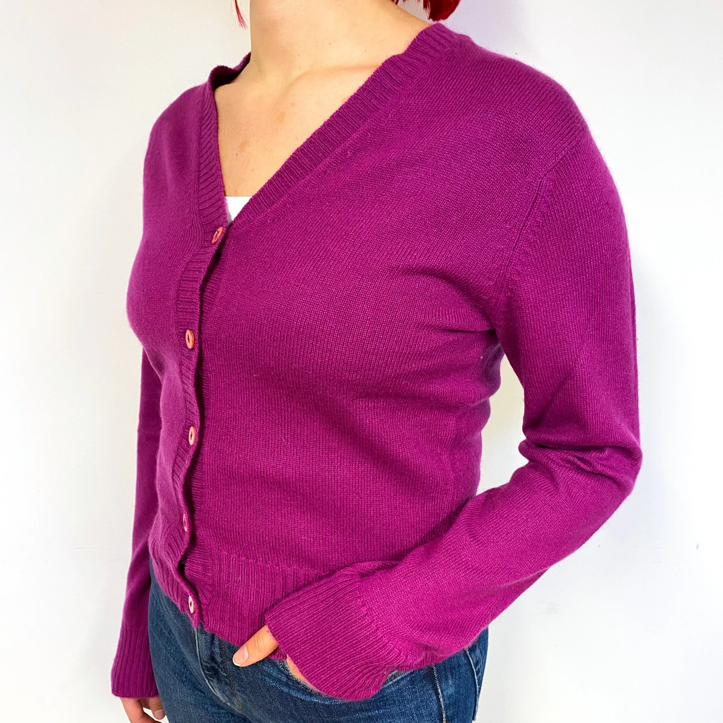 Brora Deep Magenta Pink Cashmere V-Neck Cardigan Small