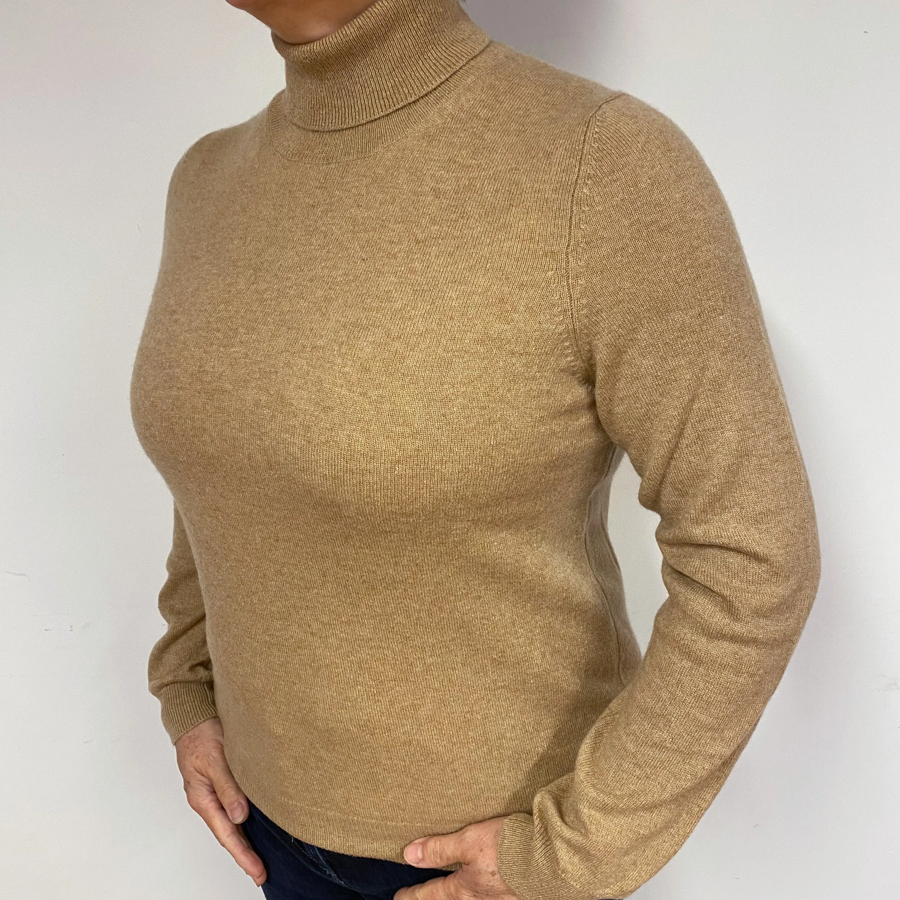 Caramel Brown Cashmere Polo Neck Jumper Large
