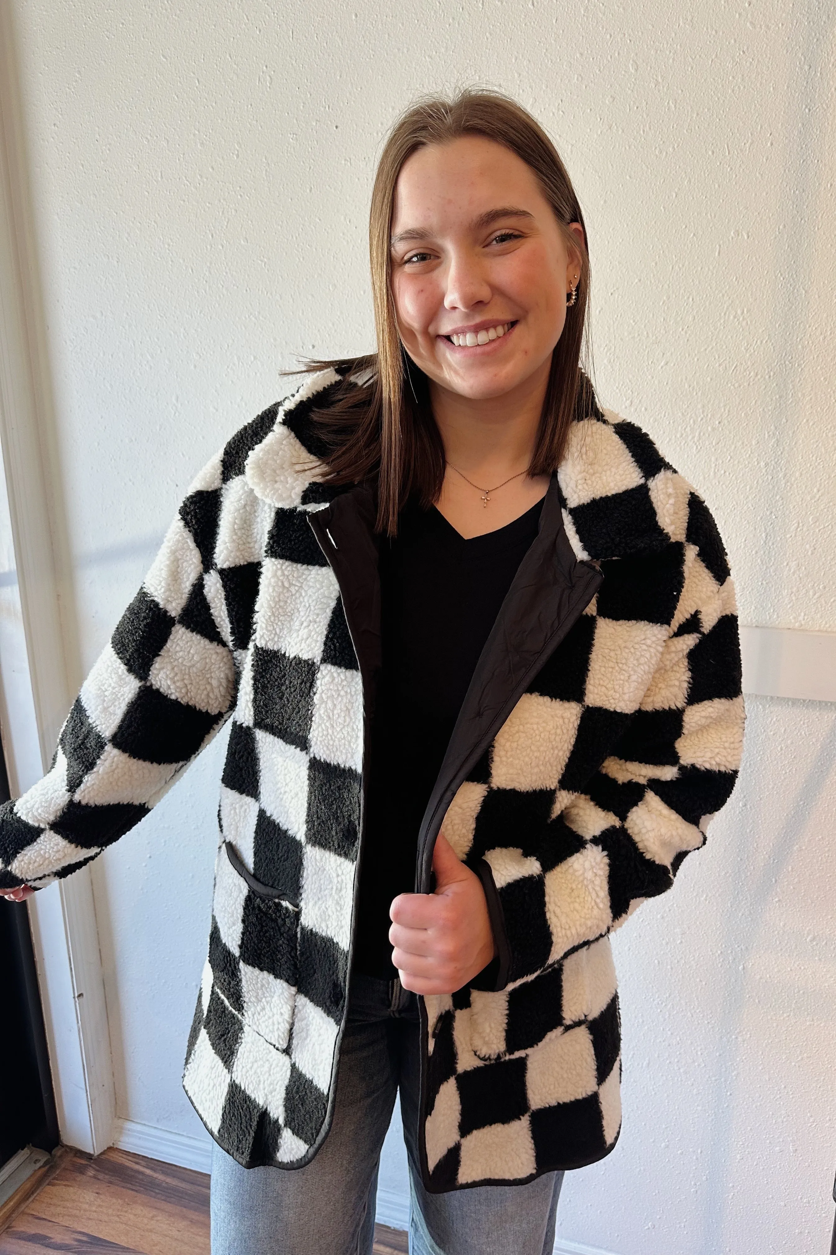 Checkered Side Pockets Collared Buttoned Fleece Jacket