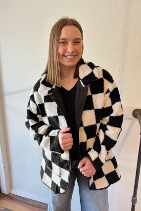 Checkered Side Pockets Collared Buttoned Fleece Jacket