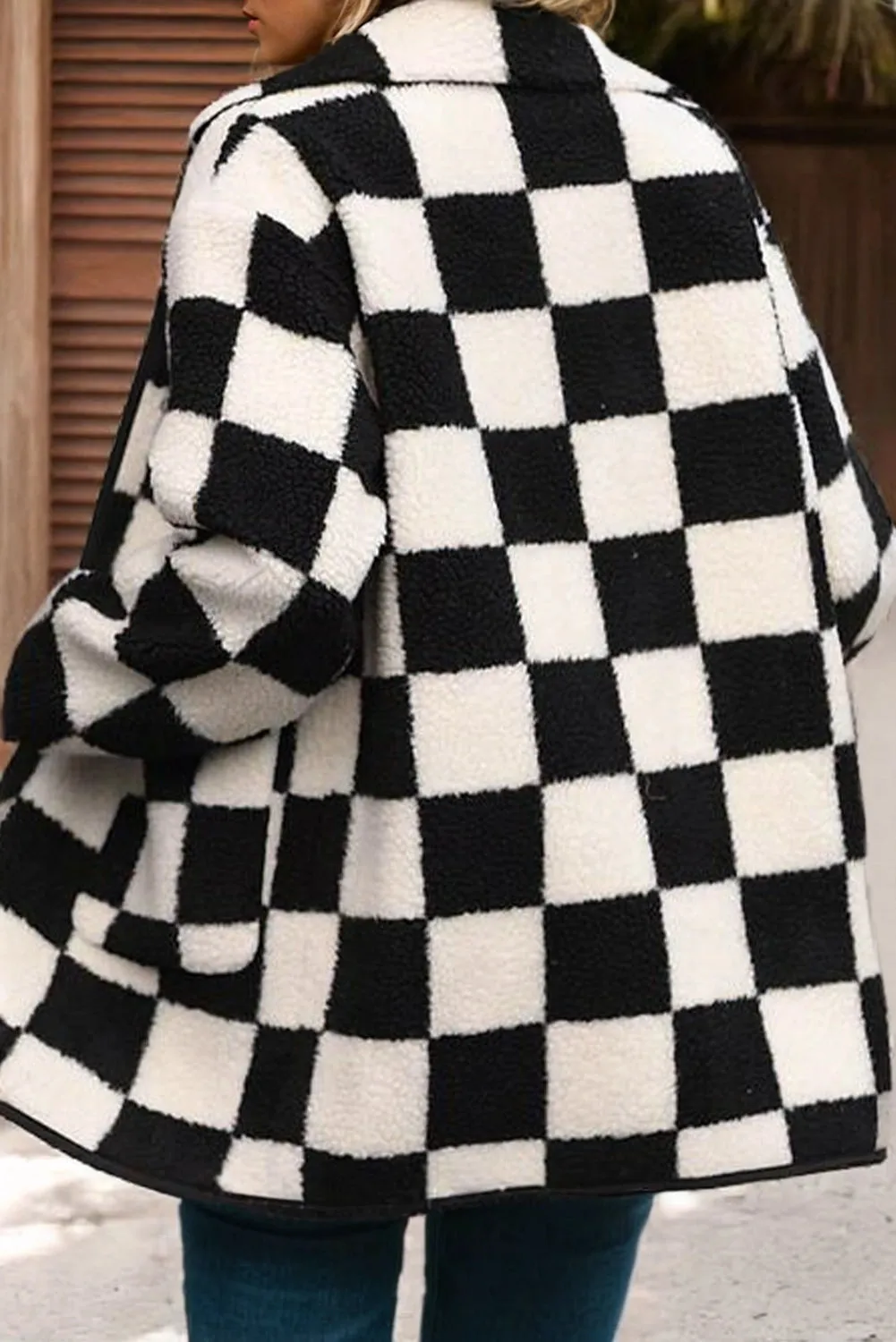 Checkered Side Pockets Collared Buttoned Fleece Jacket