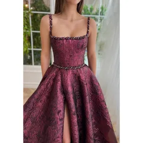 Chic & Morden Spaghetti Straps Square Long A-line Formal Prom Dress With Side Slit