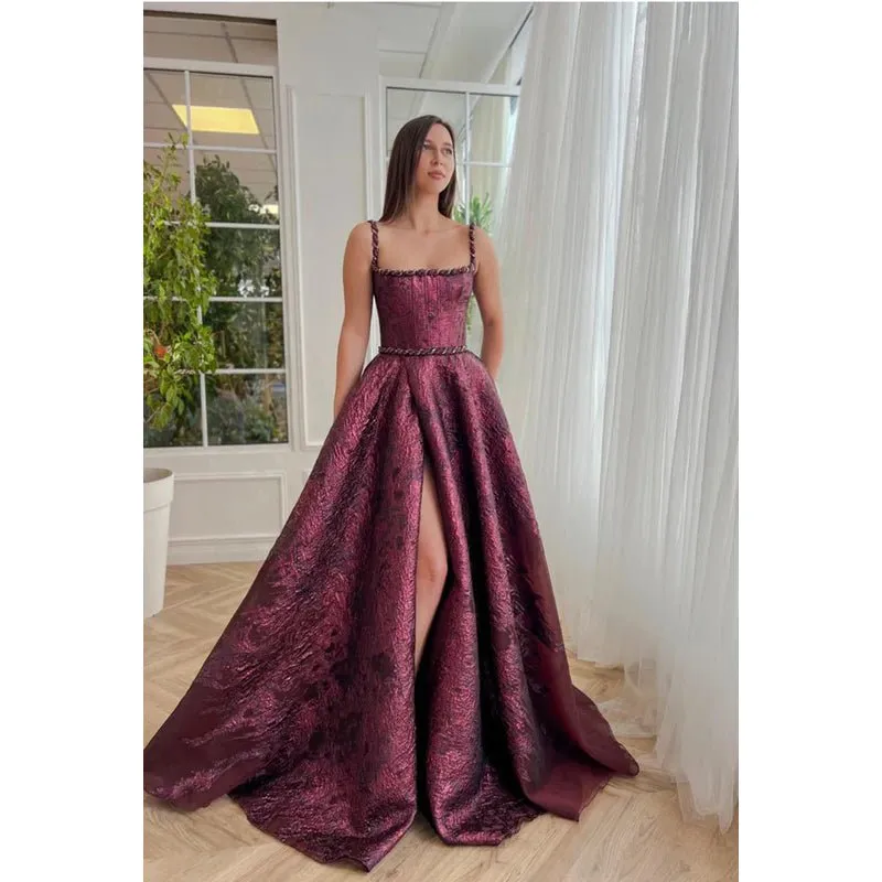 Chic & Morden Spaghetti Straps Square Long A-line Formal Prom Dress With Side Slit