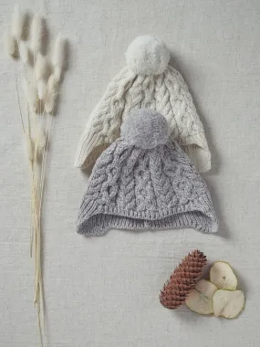 Child's Hat with Pom Pom and Ear Flaps - White