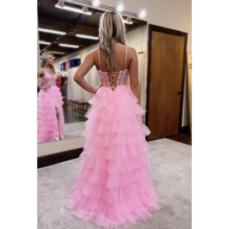 Classic & Timeless Spaghetti Straps V-Neck A-line Side Slit Tulle Party Formal Prom Dress