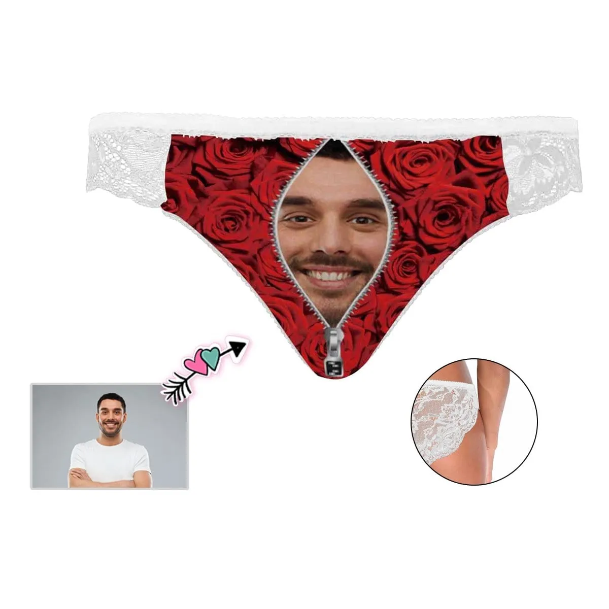 Custom Lace Underwear Personalized Face Zipper Rose Women's Lace Panty Valentine's Gift for Girlfriend or Wife