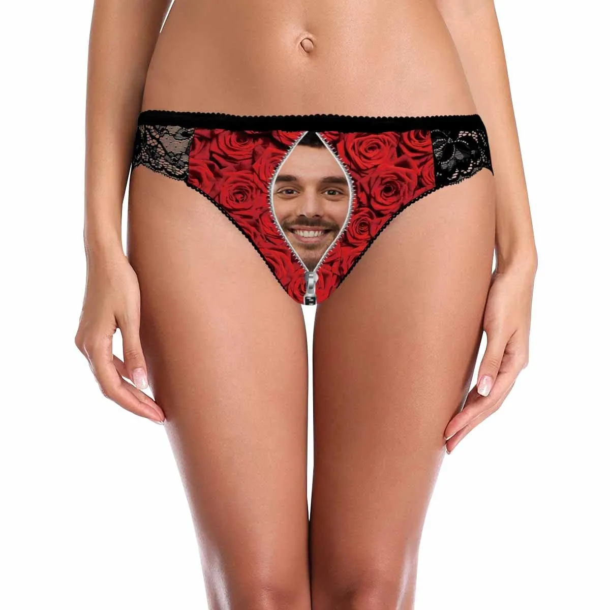Custom Lace Underwear Personalized Face Zipper Rose Women's Lace Panty Valentine's Gift for Girlfriend or Wife