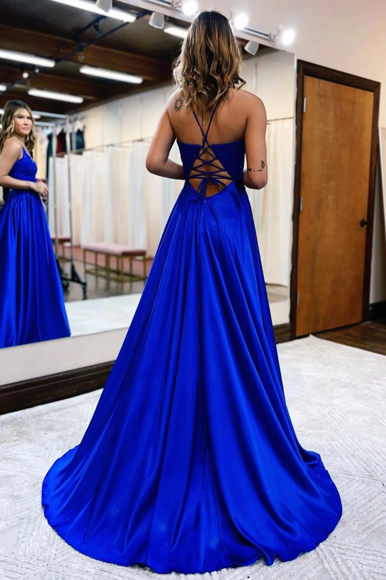 Cute V-Neck Satin Lace Long Prom Dress, A-Line Evening Dress with Slit