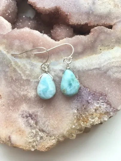 Dainty Larimar Earrings Sterling Silver or Gold - Larimar Jewelry - Stone Earrings - Drop Style - Gift For Her