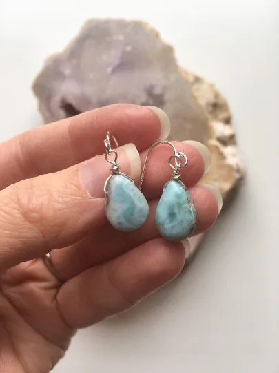 Dainty Larimar Earrings Sterling Silver or Gold - Larimar Jewelry - Stone Earrings - Drop Style - Gift For Her