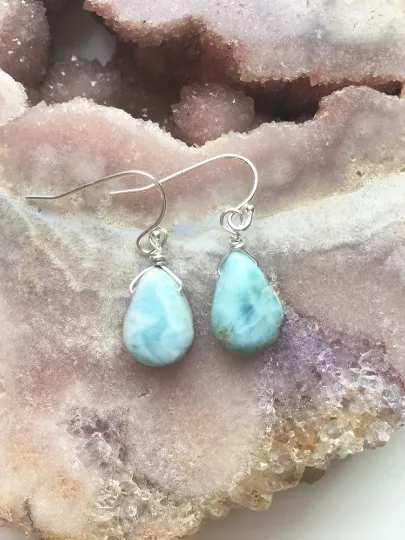 Dainty Larimar Earrings Sterling Silver or Gold - Larimar Jewelry - Stone Earrings - Drop Style - Gift For Her