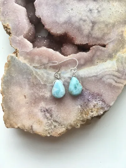 Dainty Larimar Earrings Sterling Silver or Gold - Larimar Jewelry - Stone Earrings - Drop Style - Gift For Her