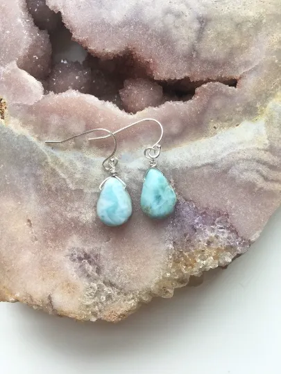 Dainty Larimar Earrings Sterling Silver or Gold - Larimar Jewelry - Stone Earrings - Drop Style - Gift For Her