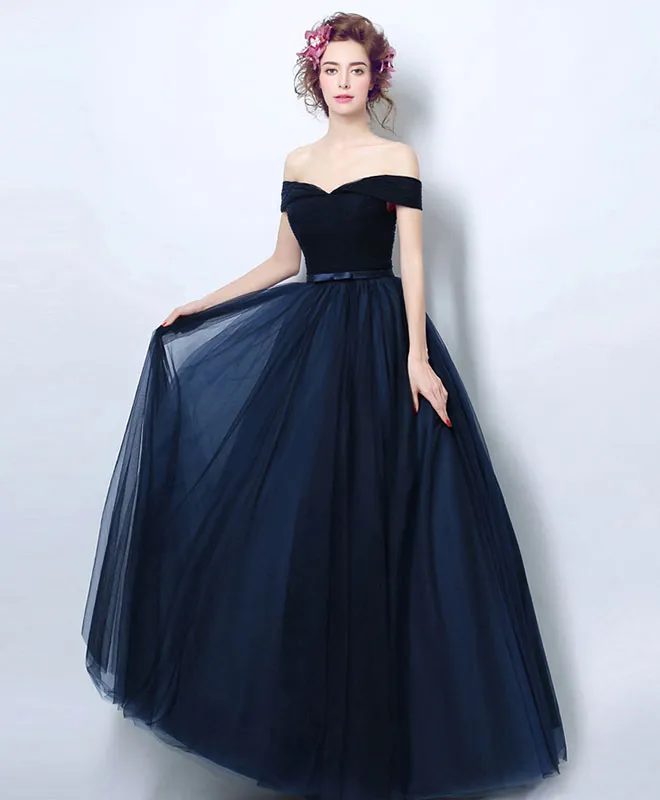 Dark Blue Tulle Long Prom Dress, Blue Tulle Bridesmaid Dress